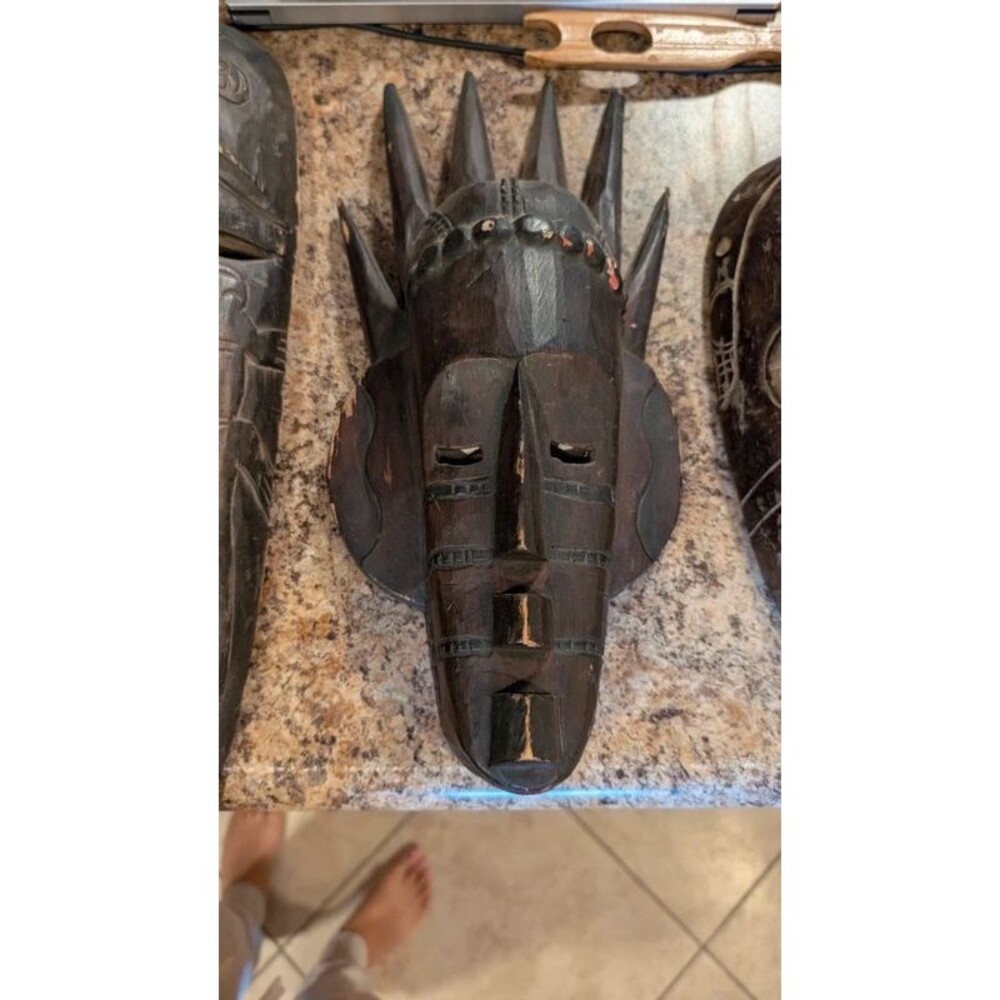 Indonesian Hand Carved Wood Mask Spiked Crown Vintage Wall Decor